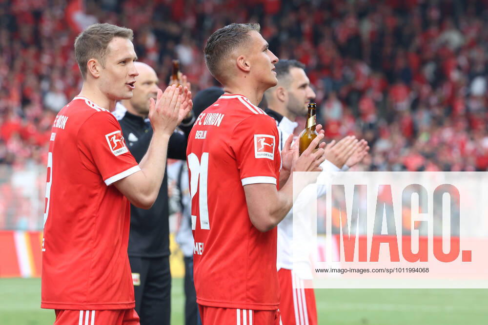 DEU, DFL, 1. FBL, 1.FC Union vs. VfL Bochum, 14.05.2022, Stadion Alte Foersterei, Berlin, DEU, DFL, 1. FBL, 1.FC Union vs. VfL Bochum, im Bild: Grischa Proemel (1.FC Union Berlin 21), Paul Jaeckel (1.FC Union Berlin 3) DFL - regulations prohibit any use of Photographs as image sequences and or quasi-video Foto: Juergen Engler nordphoto GmbH