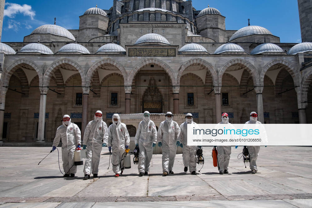 KW22 (200526) -- ISTANBUL, May 26, 2020 (Xinhua) -- Municipality workers are seen at the Blue Mosque in Istanbul, Turkey, on May 26, 2020. Turkey s biggest city Istanbul on Tuesday disinfected mosques to make them ready for reopening on Friday as part of the government s normalization process amid a slowdown in the COVID-19 pandemic. (Photo by Yasin Akgul Xinhua) TURKEY-ISTANBUL-COVID-19-BLUE MOSQUE-DISINFECTION-REOPENING-PREPARATION