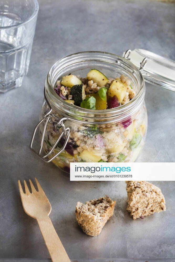Jar of gluten free vegan salad with buckwheat, zucchini and paprika EVGF03607