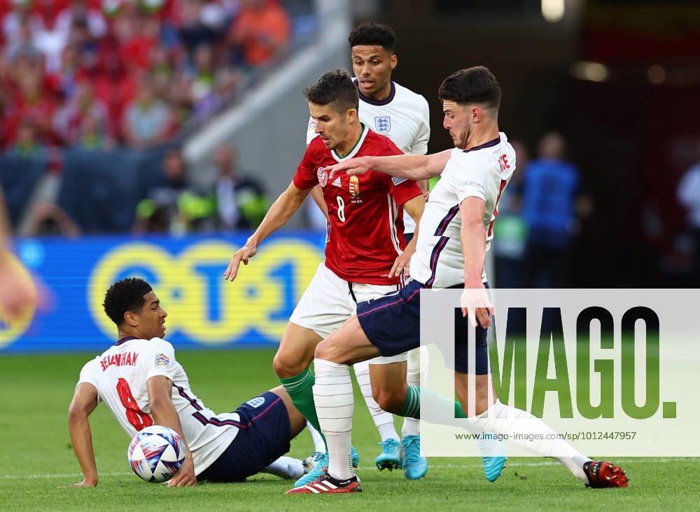 Budapest, Hungary, 4th June 2022. Declan Rice of England tackles Adam Nagy of Hungary during the UEFA Nations League match at Puskas Arena, Budapest. Picture credit should read: David Klein Sportimage . SPI-1726-0059