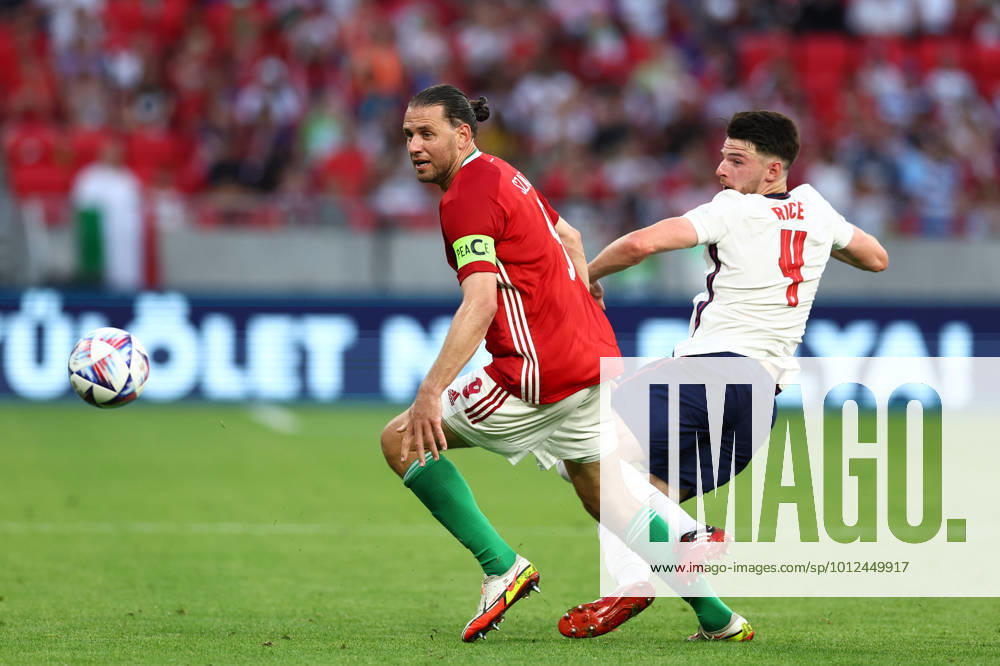 Budapest, Hungary, 4th June 2022. Declan Rice of England tackles Adam Szalai of Hungary during the UEFA Nations League match at Puskas Arena, Budapest. Picture credit should read: David Klein Sportimage . SPI-1726-0079
