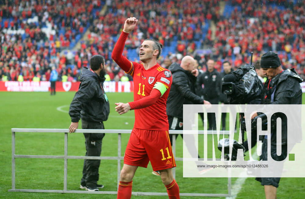 Wales v Ukraine 05 June 2022 - Cardiff - FIFA World Cup, WM, Weltmeisterschaft, Fussball football Qualifying match - Wales v Ukraine - Gareth Bale of Wales celebrates. (Photo by Mark Leech). Cardiff UK
