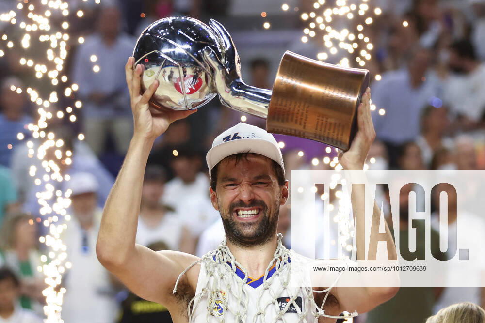 SERGIO LLULL of Real Madrid celebrates with the trophy after their 81:74 win over Barcelona in Final Game 4 of Spanish Liga ACB basketball championship, at Wizink Center pavilion. Madrid Spain - ZUMAa181 20220619_zaa_a181_077