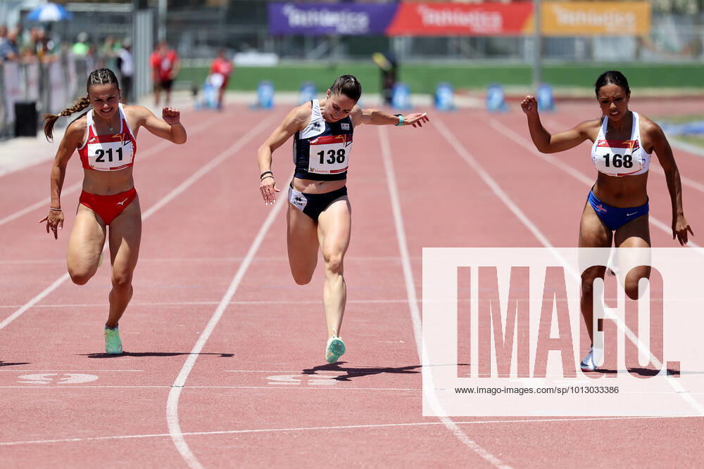 Maltas Carla Scicluna (L), Marianna Pisiara (C) from Cyprus, and Icelands battle for top positions at the finishing lines during the 100m Women Final at the Athletics Championships of the Small States of Europe 2022 at the Matthew Micallef St. John Athletics Stadium in Marsa, Malta on 11 June 2022 Athletics Championships of the Small States of Europe 2022 CSSE_MLTA_2022