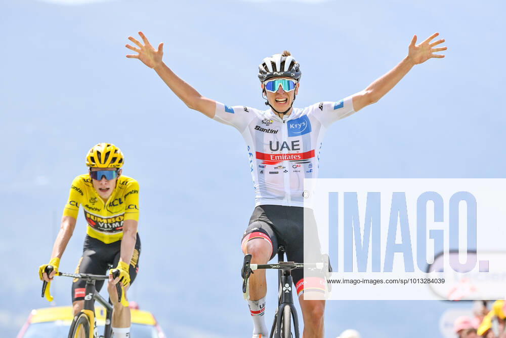 Slovenian Tadej Pogacar of UAE Team Emirates crosses the finish line of stage 17 of the Tour de France cycling race, from Saint-Gaudens to Peyragudes (130 km), France, on Wednesday 20 July 2022. This year s Tour de France takes place from 01 to 24 July 2022. - UK OUT DAVIDxSTOCKMAN x37664491x