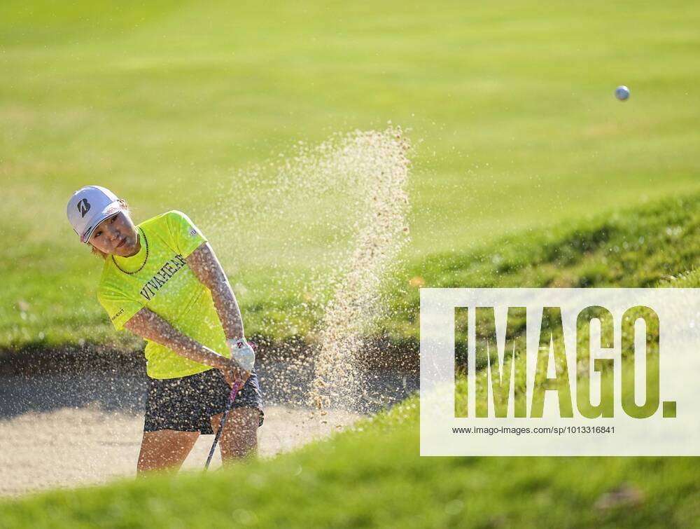 Golf: Evian Championship Ayaka Furue of Japan hits out of a bunker on the fourth hole during the second round of the Evian Championship on July 22, 2022, at Evian Resort Golf Club in Evian-les-Bains, France. A14AA0001318591P