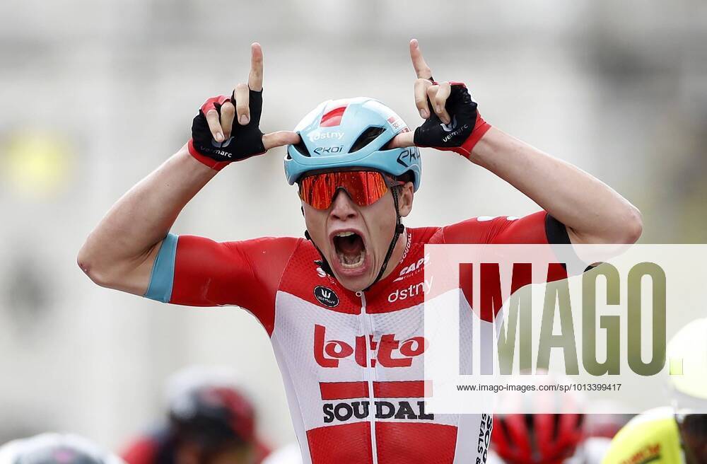 KW30 ROCHEFORT, BELGIUM - JULY 25 : Arnaud De Lie of Lotto Soudal celebrates during the third stage Vise to Rochefort of the Ethias Tour De Wallonie 2022 on july 25, 2022 in Rochefort, Belgium, 25 07 2022 ( Ethias Tour de Wallonie 2022 - Stage 3 PhotoNews Panoramic