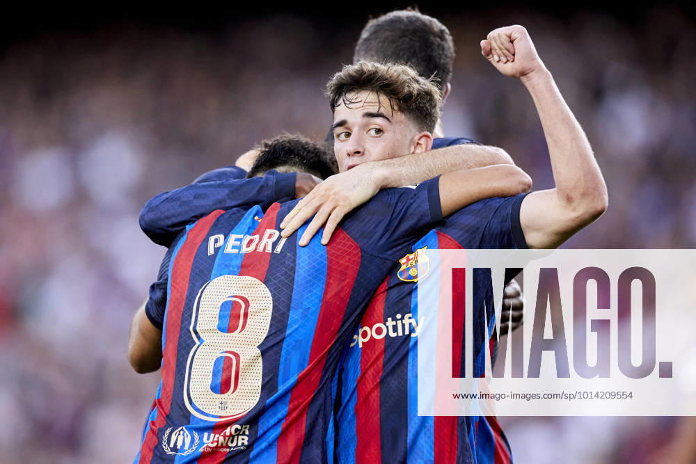 ESP: FC Barcelona, Barca v Real Valladolid CF - La Liga Santander Pedro Gonzalez Pedri of FC Barcelona celebrates with Pablo Martin Gavi after scoring his team s second goal during the La Liga Santander match between FC Barcelona and Real Valladolid CF at Spotify Camp Nou on August 28, 2022, in Barcelona, Spain. Barcelona Spotify Camp Nou Catalunya Spain _RL_FCBvVALL_039_432