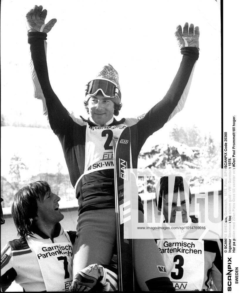 STOCKHOLM 20041223 - ARKIV Den 18 mars fyller Ingemar Stenmark 50 ar. BILD: Ingemar Stenmark tog slalom guld i VM i Garmisch 1978. Här pa pallen med 2:an Piero Gros till vanster och 3:an Paul Frommelt till höger. Foto SIPA SCANPIX Code 20360