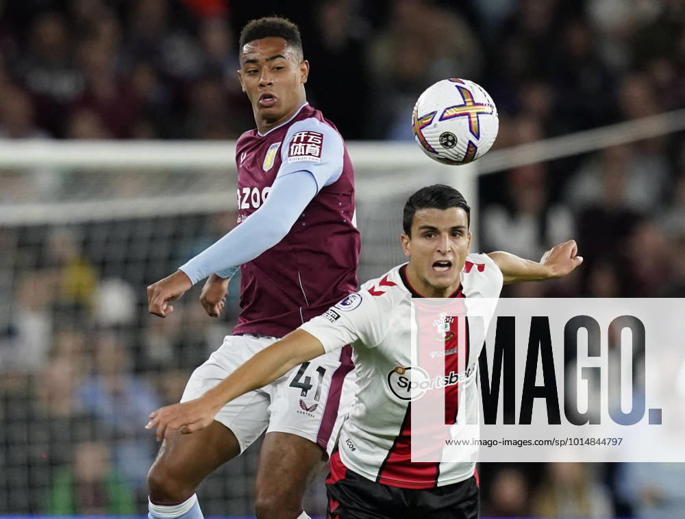 Birmingham, England, 16th September 2022. Jacob Ramsey of Aston Villa challenges Mohamed Elyounoussi of Southampton during the Premier League match at Villa Park, Birmingham. Picture credit should read: Andrew Yates Sportimage . SPI-1879-0017