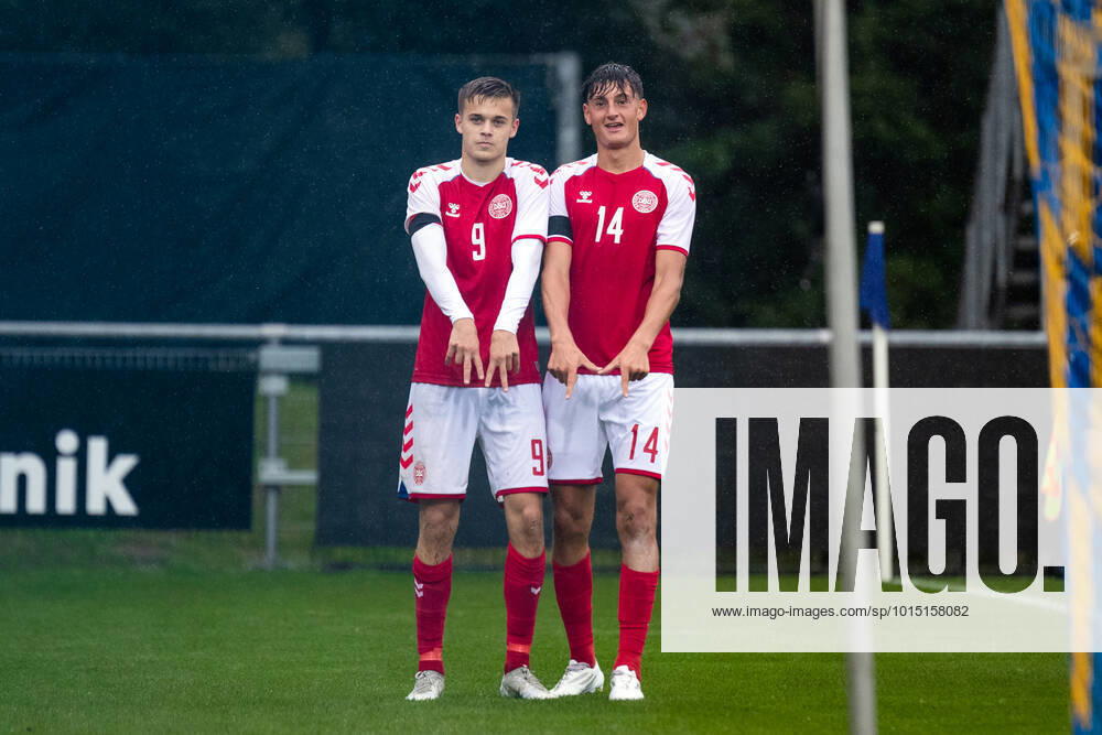Denmark U19 v England U19, UEFA U19 Championship qualifier, Hobro, Denmark Hobro, Denmark. 27th, September 2022. Oliver Ross (9) of Denmark scores and celabrates with Silas Andersen (14) during the UEFA U19 Championship qualifier between Denmark and England at DS Arena in Hobro. Hobro Denmark