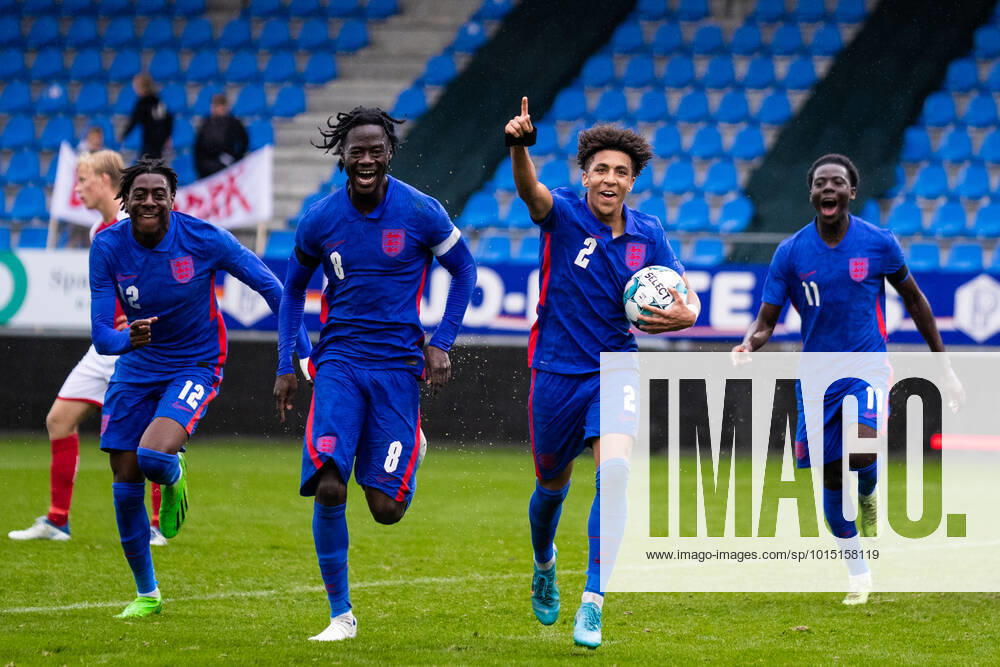 Denmark U19 v England U19, UEFA U19 Championship qualifier, Hobro, Denmark Hobro, Denmark. 27th, September 2022. Rico Lewis (2) celebrates with the ball in his hand after Darko Gyabi (8) of England scores for 2-4 during the UEFA U19 Championship qualifier between Denmark and England at DS Arena in Hobro. Hobro Denmark