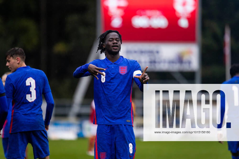 Denmark U19 v England U19, UEFA U19 Championship qualifier, Hobro, Denmark Hobro, Denmark. 27th, September 2022. Darko Gyabi (8) of England scores for 2-4 during the UEFA U19 Championship qualifier between Denmark and England at DS Arena in Hobro. Hobro Denmark