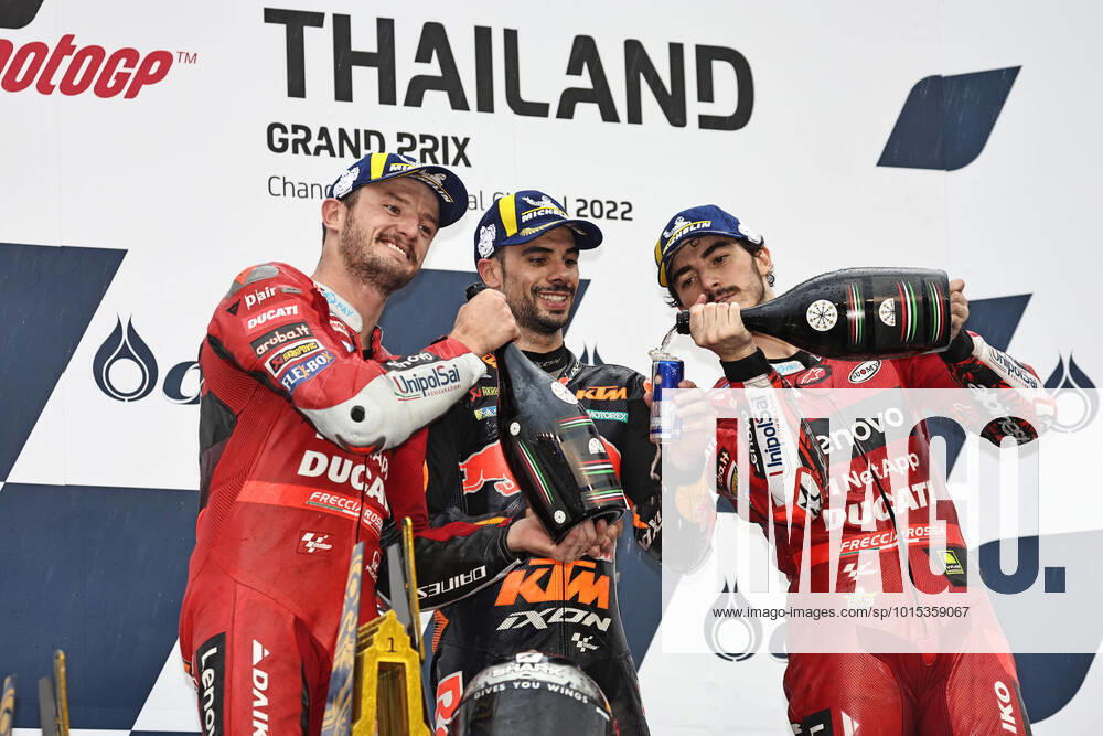 KW39 Winners: Jack Miller, AUS (Ducati Lenovo Team), Miguel Oliveira, POR (Red Bull KTM Factory Racing KTM), and Francesco Bagnaia, ITA (Ducati Lenovo Team) - after final at 2022 OR Thailand Grand Prix in Buri Ram; 02 10 2022;