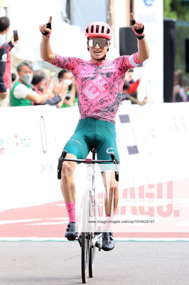 Utsunomiya, Japan - American cyclist Neilson Powless of EF Education-Easypost raises his arms in the air on the finish line as he wins the Japan Cup Cycle Roadrace in Utsunomiya, 100km north of Tokyo on Sunday, October 16, 2022. Powless won the race while his teammate Andrea Piccolo of Italy finished the second. Noxthirdxpartyxsales (0170939512st)
