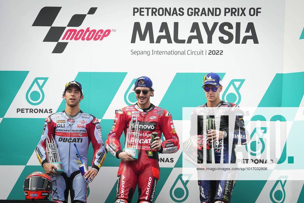 Races of Petronas Grand Prix of Malaysia of MotoGP at Sepang Circuit. October 23, 2022 In picture: MotoGP? podium L-R: Bastianini, Bagnaia, Quartararo Carreras del Gran Premio de MotoGP de Malasia en el Circuito Internacional de Sepang. 23 de Octubre de 2022 POOL MotoGP.com Cordon Press Images will be for editorial use only. Mandatory credit: MotoGP.com Cordon Press