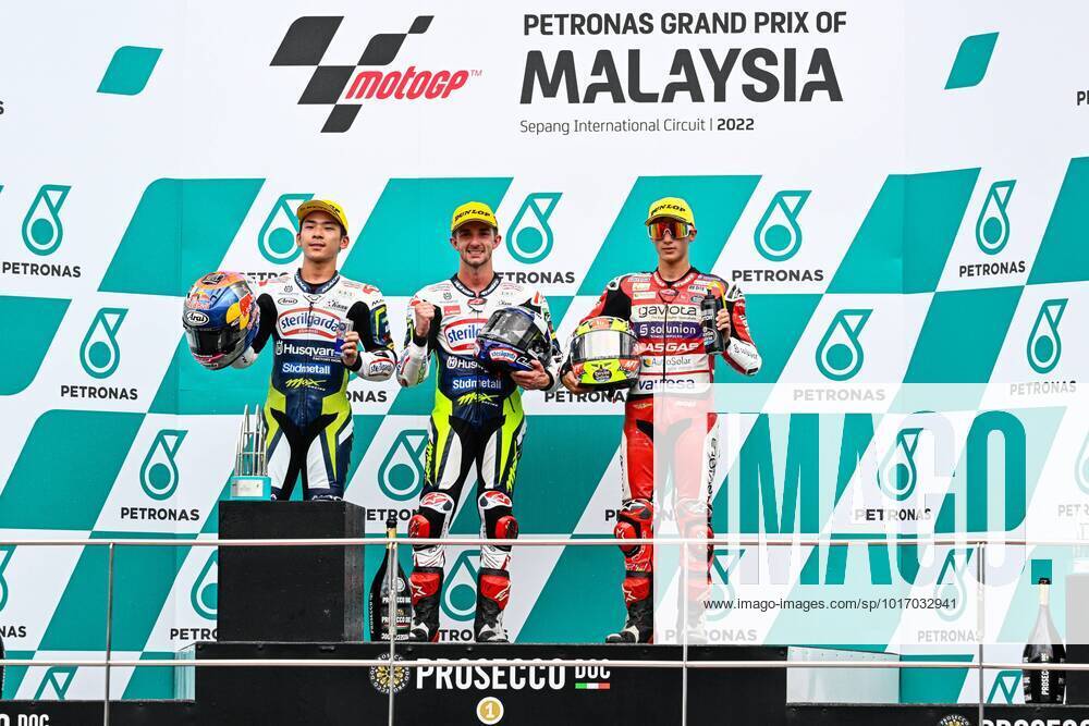 Races of Petronas Grand Prix of Malaysia of MotoGP at Sepang Circuit. October 23, 2022 In picture: Moto3? podium: Sasaki, McPhee and Garcia Carreras del Gran Premio de MotoGP de Malasia en el Circuito Internacional de Sepang. 23 de Octubre de 2022 POOL MotoGP.com Cordon Press Images will be for editorial use only. Mandatory credit: MotoGP.com Cordon Press
