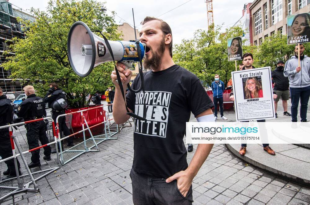Philipp Mosig of the Identitaere Bewegung in Munich wearing a European Lives Matter shirt to signal opposition to Black Lives Matter. The right-extremist Identitaere Bewegung Augsburg Schwaben(Generation Identity, Identitaeren Movement) held a rally at MunichÃ¢â‚¬â ¢s Pasinger Marienplatz. Munich Germany - ZUMAb160 20200620_zbp_b160_034