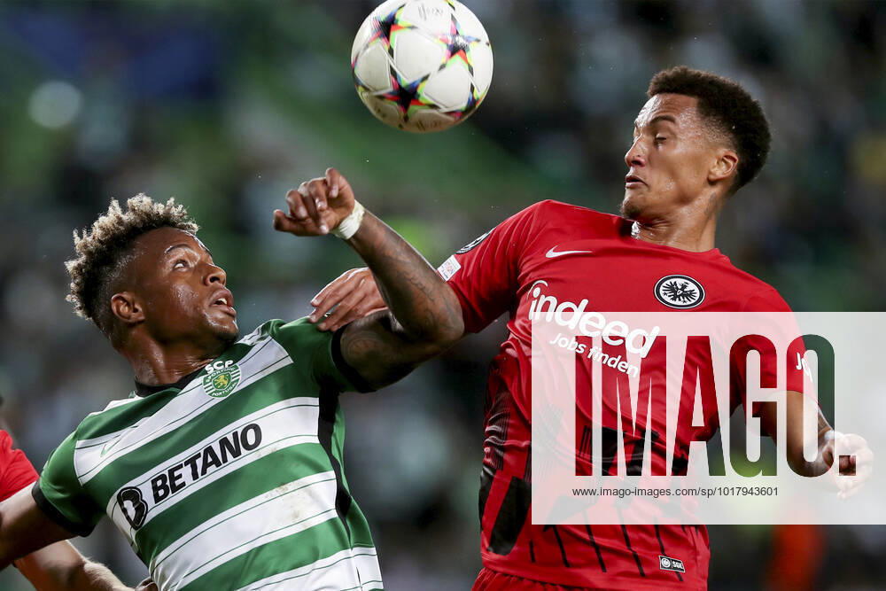 (221102) -- LISBON, Nov. 2, 2022 -- Jovane Cabral (L) of Sporting CP vies with Tuta of Frankfurt during a UEFA Champions League Group D football match between Sporting CP and Eintracht Frankfurt in Lisbon, Portugal, Nov. 1, 2022. (Photo by Xinhua) (SP)PORTUGAL-LISBON-FOOTBALL-UEFA CHAMPIONS LEAGUE-GROUP D-SPORTING CP VS FRANKFURT PedroxFiuza