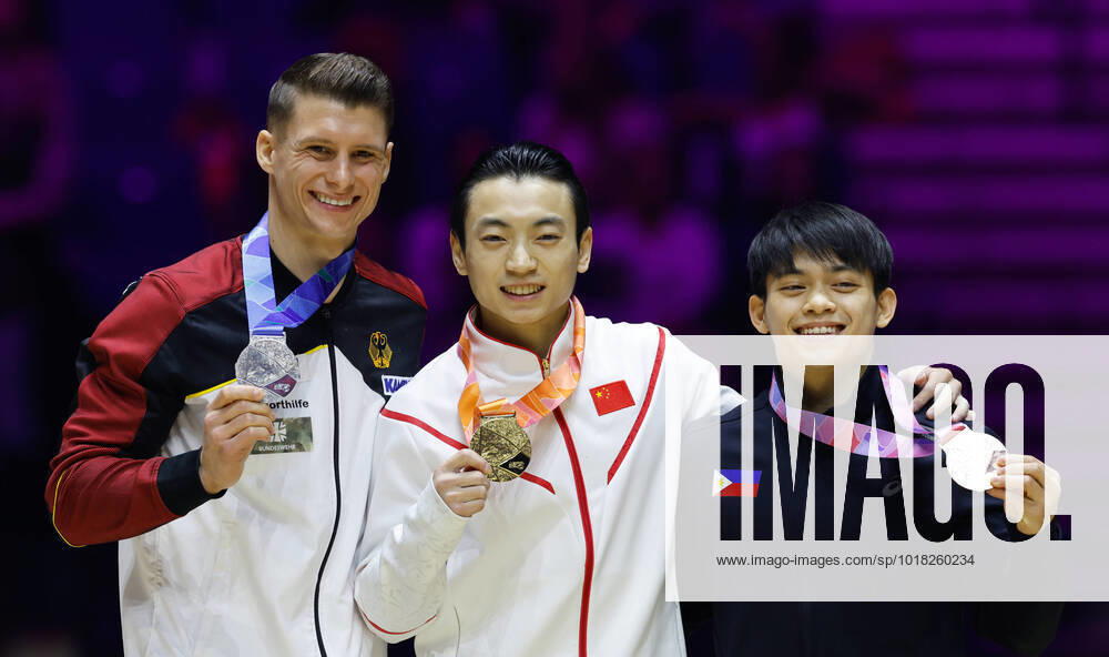 KW44 6th November 2022, M&S Bank Arena, Liverpool, England; 2022 World Artistic Gymnastics Championships Finals; Men s Apparatus Final Parallel Bars - gold medallist - Jingyuan Zou (CHN) (centre), silver medallist - Lukas Dauser (GER) (left), bronze medallist - Carlos Edriel Yulo (PHI) (right) ActionPlus12446396 RogerxEvans