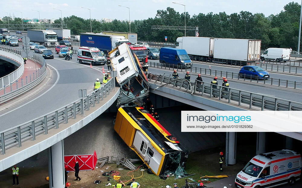 A bus falls off the General Stefan Grot Rowecki Bridge in Warsaw A bus falls off the General Stefan Grot Rowecki Bridge at S8 on June 25, 2020 in Warsaw, Poland. Due to the accident one person died and over 20 got injured. EN_01434282_0028