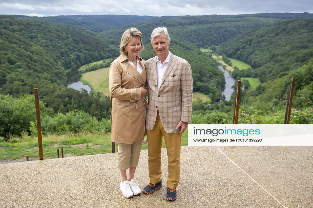 Queen Mathilde of Belgium and King Philippe - Filip of Belgium pose for the photographer at the Tombeau du Geant view in Botassart, Bouillon, during a royal visit to the Limburg provice, Sunday 28 June 2020. POOLxJULIENxWARNAND 2513535
