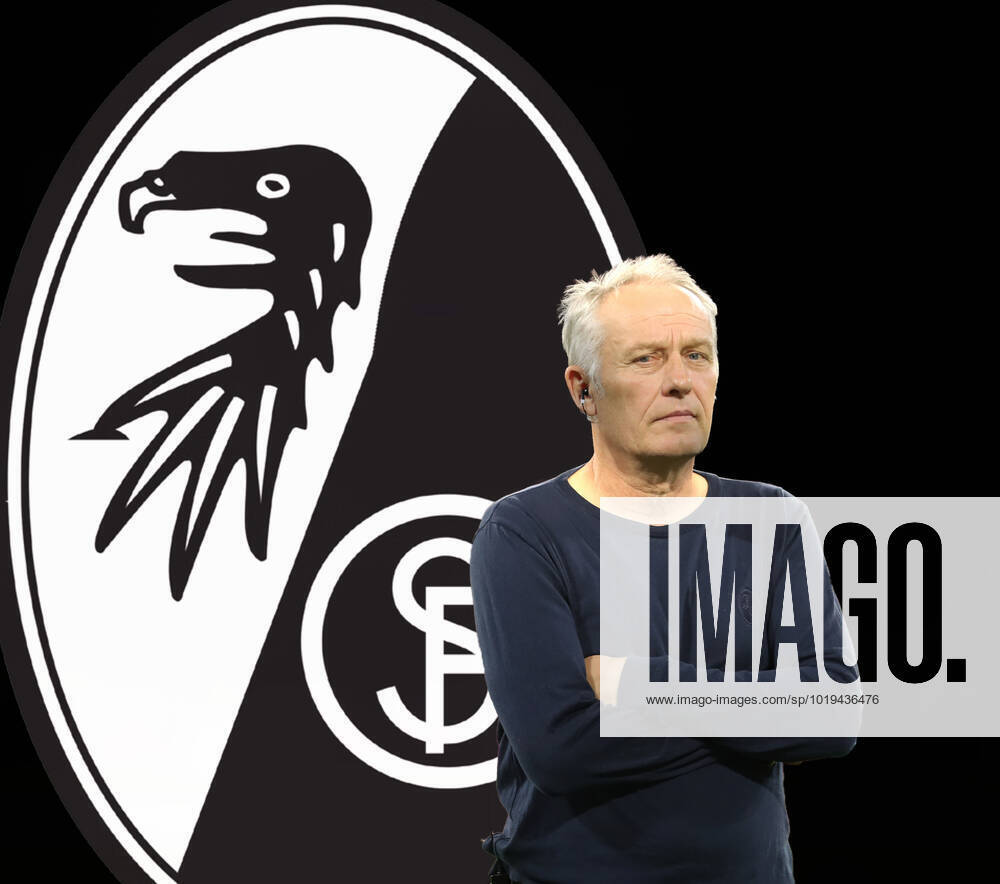 Deutschland 20.November 2022: Fussball, Herren, Saison 2022 2023, SC Freiburg, Christian Streich, Trainer, Bundesliga Hier eine Fotomontage, Symbolbild mit Christian Streich, Trainer, SC Freiburg mit dem Logo, Wappen des Vereins