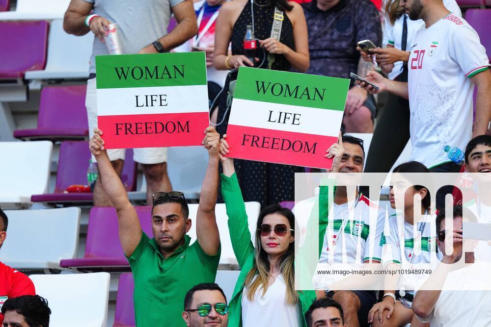 Mandatory Credit: Photo by Javier Garcia Shutterstock (13626340f) Iran fans with political message. England v Iran, FIFA World Cup, WM, Weltmeisterschaft, Fussball 2022, Group B, Football, Khalifa International Stadium, Ar-Rayyan, Qatar - 21 Nov 2022 Editorial Use Only England v Iran, FIFA World Cup 2022, Group B, Football, Khalifa International Stadium, Ar-Rayyan, Qatar - 21 Nov 2022 Editorial Use Only