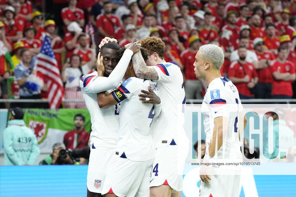 USA v Wales: Group B - FIFA World Cup, WM, Weltmeisterschaft, Fussball Qatar 2022 Timothy Weah Centre-Forward of USA and LOSC Lille celebrates after scoring his sides first goal during the FIFA World Cup Qatar 2022 Group B match between USA and Wales at Ahmad Bin Ali Stadium on November 21, 2022 in Doha, Qatar. Doha Qatar