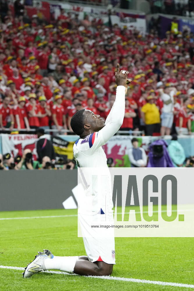 USA v Wales: Group B - FIFA World Cup, WM, Weltmeisterschaft, Fussball Qatar 2022 Timothy Weah Centre-Forward of USA and LOSC Lille celebrates after scoring his sides first goal during the FIFA World Cup Qatar 2022 Group B match between USA and Wales at Ahmad Bin Ali Stadium on November 21, 2022 in Doha, Qatar. Doha Qatar
