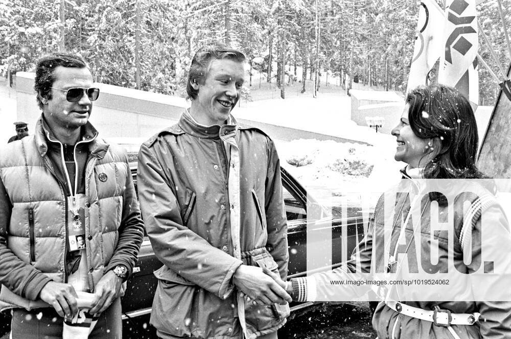 ARKIV 1984-02-13 Det svenska kungaparet kung Carl XVI Gustaf och drottning Silvia hälsar pa den svenske längdskidakaren Gunde Svan vid de olympiska vinterspelen i Sarajevo, Jugoslavien 13:e februari 1984. Sarajevo Bosnia-Hercegovina