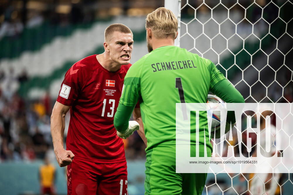 Rasmus Kristensen and goalkeeper Kasper Schmeichel of Denmark during the FIFA World Cup, WM, Weltmeisterschaft, Fussball 2022 football match between Denmark and Tunisia on November 22, 2022 in Doha. Photo: Joel Marklund BILDBYRAN kod JM JM0382 bbeng fotboll football soccer fotball vm fotbolls-vm fotball-vm fotbolls-vm 2022 fifa world cup 2022 danmark denmark tunisien tunisia