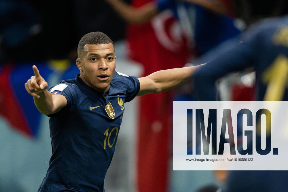 Kylian Mbappe of France celebrates the 3-1 goal during the FIFA World Cup, WM, Weltmeisterschaft, Fussball 2022 football match between France and Australia on November 22, 2022 in Doha. Photo: Joel Marklund BILDBYRAN kod JM JM0383 bbeng fotboll football soccer fotball vm fotbolls-vm fotball-vm fotbolls-vm 2022 fifa world cup 2022 frankrike france australien australia jubel
