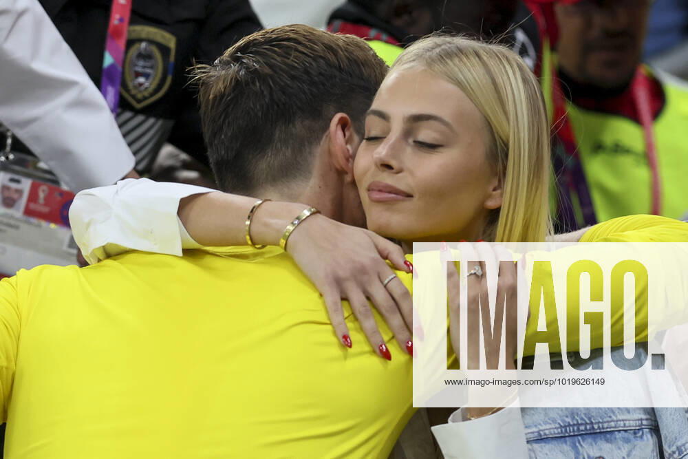 Belgium s goalkeeper Thibaut Courtois and his fiancee Mishel Gerzig pictured after a soccer game between Belgium s national team, Nationalteam the Red Devils and Canada, in Group F of the FIFA 2022 World Cup in Al Rayyan, State of Qatar on Wednesday 23 November 2022. BRUNOxFAHY x53229663x