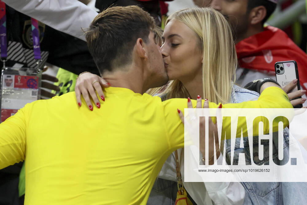 Belgium s goalkeeper Thibaut Courtois and his fiancee Mishel Gerzig pictured after a soccer game between Belgium s national team, Nationalteam the Red Devils and Canada, in Group F of the FIFA 2022 World Cup in Al Rayyan, State of Qatar on Wednesday 23 November 2022. BRUNOxFAHY x53229677x