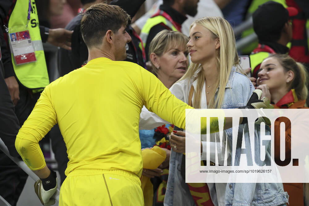 Belgium s goalkeeper Thibaut Courtois and his fiancee Mishel Gerzig pictured after a soccer game between Belgium s national team, Nationalteam the Red Devils and Canada, in Group F of the FIFA 2022 World Cup in Al Rayyan, State of Qatar on Wednesday 23 November 2022. BRUNOxFAHY x53229729x