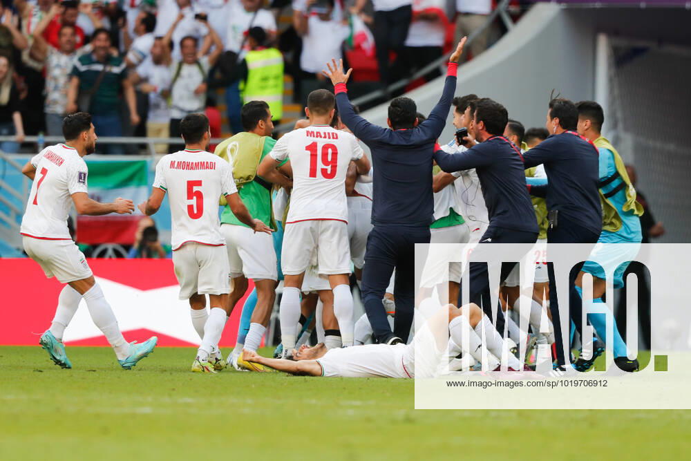 Wales v Iran 2022 FIFA World Cup, WM, Weltmeisterschaft, Fussball Iran players celebrate follwing Rouzbeh CheshmiÕs goal during the 2022 FIFA World Cup Group B match at Ahmad Bin Ali Stadium, Al-Rayyan Content Not Available For UK Newspapers