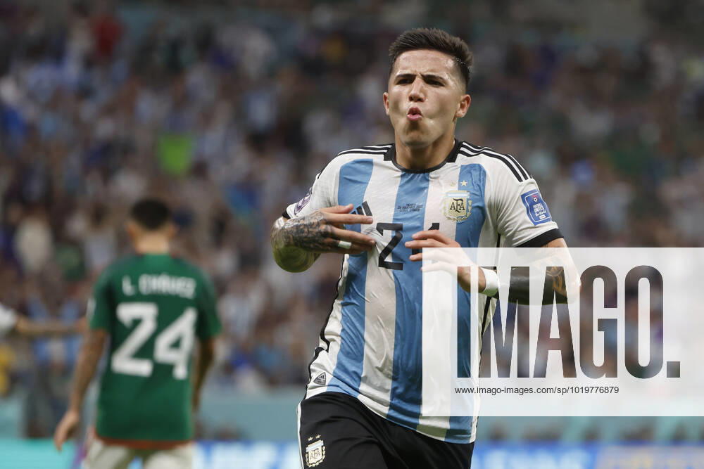 Enzo Fernandez of Argentina celebrates after scoring during a FIFA World Cup, WM, Weltmeisterschaft, Fussball soccer match of the group phase between Argentina and Mexico at Lusail stadium in Lusail, Qatar 25 November 2022. World Cup 2022: Argentina vs. Mexico !ACHTUNG: NUR REDAKTIONELLE NUTZUNG!