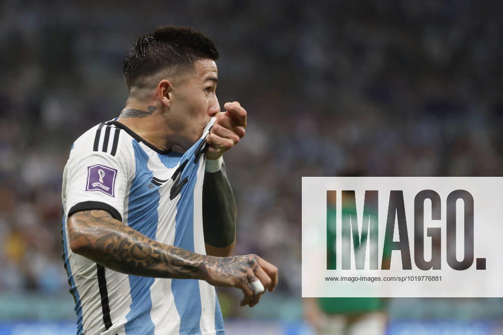 Enzo Fernandez of Argentina celebrates after scoring during a FIFA World Cup, WM, Weltmeisterschaft, Fussball soccer match of the group phase between Argentina and Mexico at Lusail stadium in Lusail, Qatar 25 November 2022. World Cup 2022: Argentina vs. Mexico !ACHTUNG: NUR REDAKTIONELLE NUTZUNG!