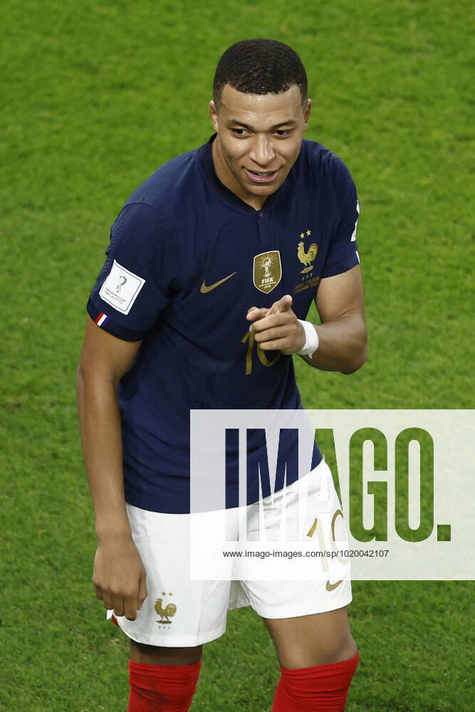 Kylian Mbappe of France celebrates a goal during the FIFA round 16 soccer match between France and Poland at Al Thumama a stadium in Doha, Qatar, 04 December 2022. World Cup 2022: France vs. Poland !ACHTUNG: NUR REDAKTIONELLE NUTZUNG!