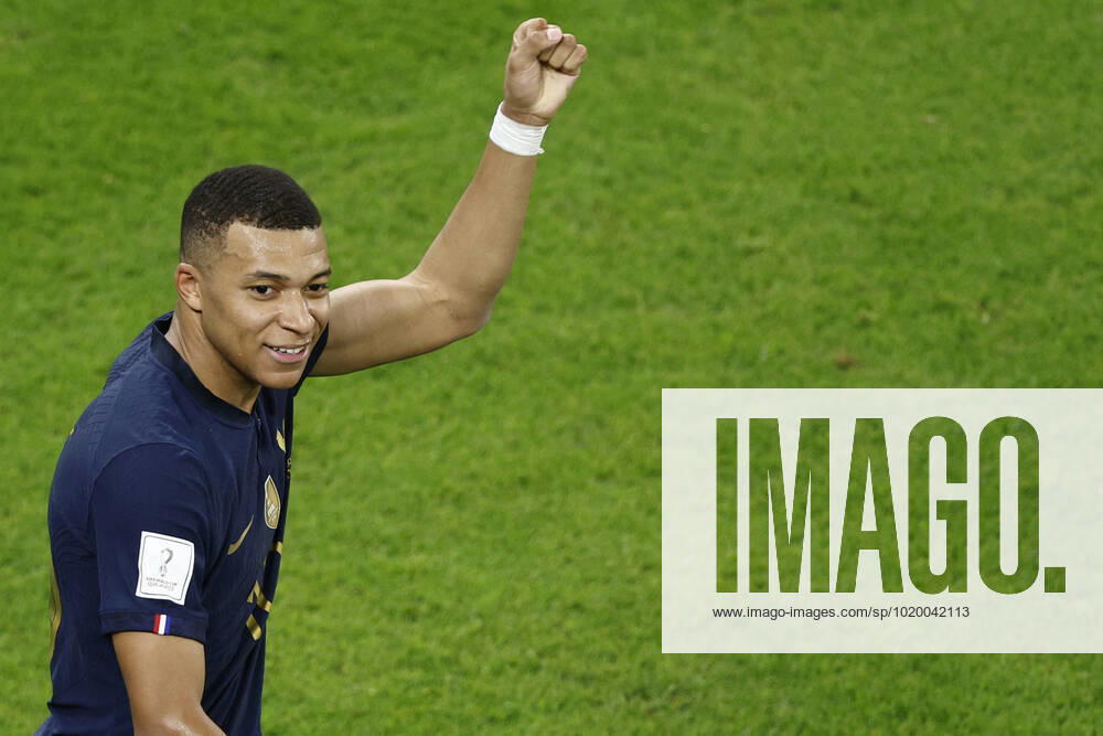 Kylian Mbappe of France celebrates a goal during the FIFA round 16 soccer match between France and Poland at Al Thumama a stadium in Doha, Qatar, 04 December 2022. World Cup 2022: France vs. Poland !ACHTUNG: NUR REDAKTIONELLE NUTZUNG!
