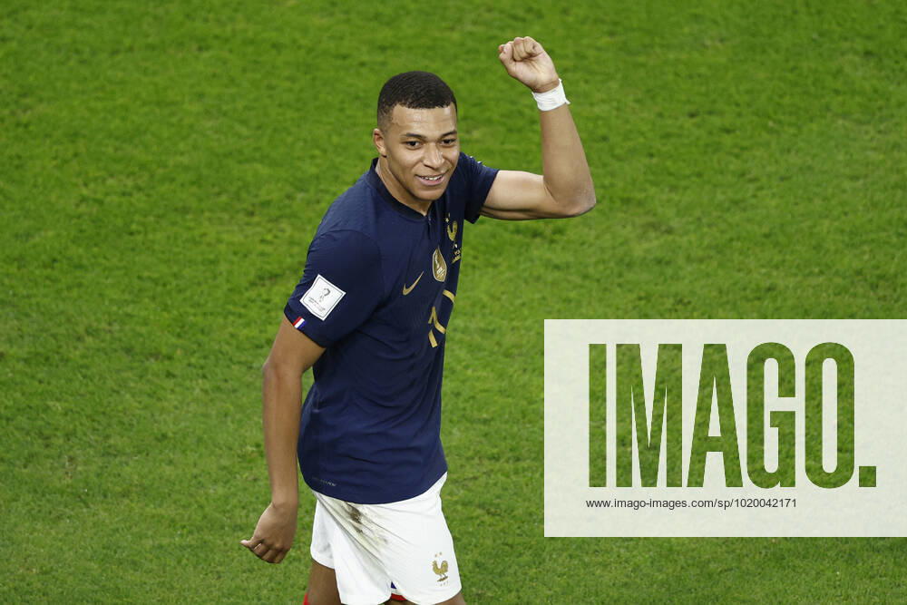 Kylian Mbappe of France celebrates a goal during the FIFA round 16 soccer match between France and Poland at Al Thumama a stadium in Doha, Qatar, 04 December 2022. World Cup 2022: France vs. Poland !ACHTUNG: NUR REDAKTIONELLE NUTZUNG!