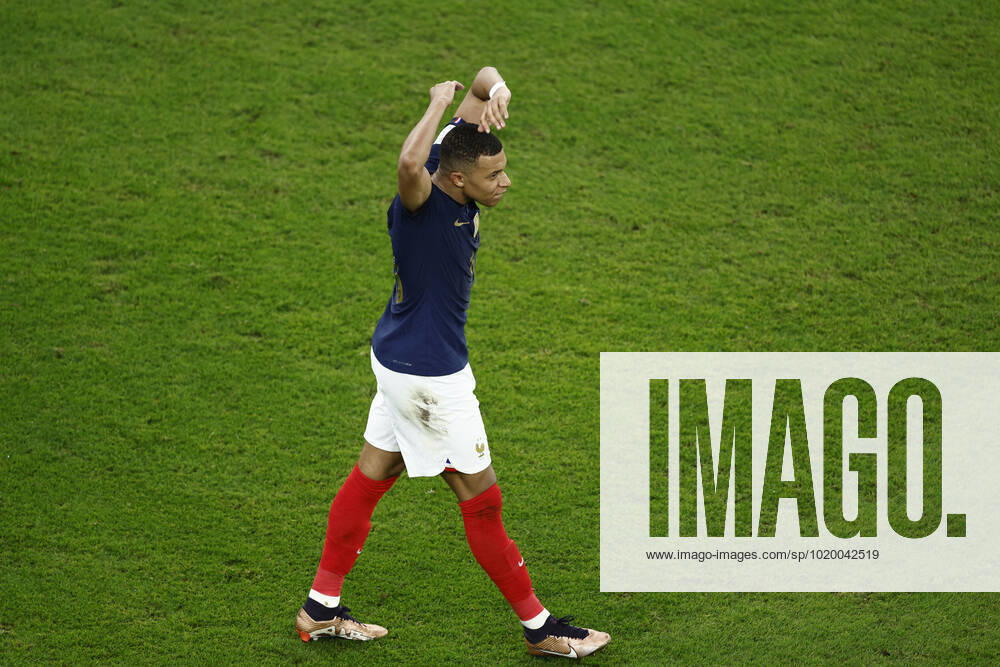Kylian Mbappe of France celebrates a goal during the FIFA round 16 soccer match between France and Poland at Al Thumama a stadium in Doha, Qatar, 04 December 2022. World Cup 2022: France vs. Poland !ACHTUNG: NUR REDAKTIONELLE NUTZUNG!