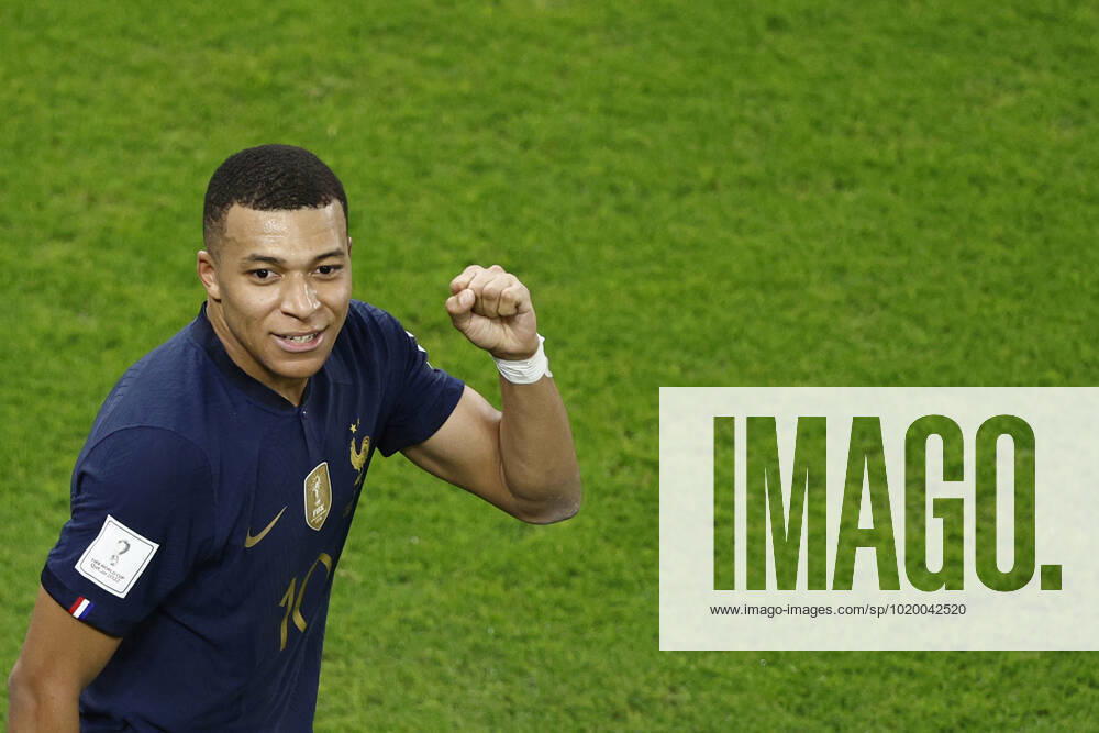 Kylian Mbappe of France celebrates a goal during the FIFA round 16 soccer match between France and Poland at Al Thumama a stadium in Doha, Qatar, 04 December 2022. World Cup 2022: France vs. Poland !ACHTUNG: NUR REDAKTIONELLE NUTZUNG!