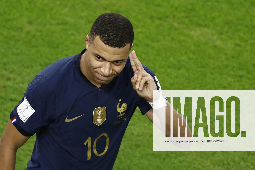 Kylian Mbappe of France celebrates a goal during the FIFA round 16 soccer match between France and Poland at Al Thumama a stadium in Doha, Qatar, 04 December 2022. World Cup 2022: France vs. Poland !ACHTUNG: NUR REDAKTIONELLE NUTZUNG!