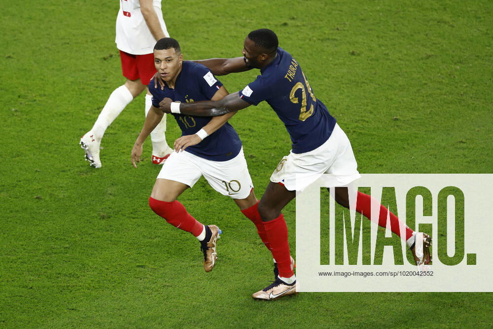 Kylian Mbappe of France celebrates a goal during the FIFA round 16 soccer match between France and Poland at Al Thumama a stadium in Doha, Qatar, 04 December 2022. World Cup 2022: France vs. Poland !ACHTUNG: NUR REDAKTIONELLE NUTZUNG!