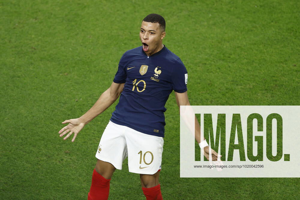 Kylian Mbappe of France celebrates a goal during the FIFA round 16 soccer match between France and Poland at Al Thumama a stadium in Doha, Qatar, 04 December 2022. World Cup 2022: France vs. Poland !ACHTUNG: NUR REDAKTIONELLE NUTZUNG!