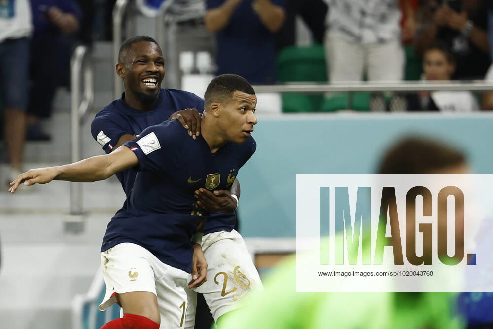 Kylian Mbappe of France celebrates a goal during the FIFA round 16 soccer match between France and Poland at Al Thumama a stadium in Doha, Qatar, 04 December 2022. World Cup 2022: France vs. Poland !ACHTUNG: NUR REDAKTIONELLE NUTZUNG!