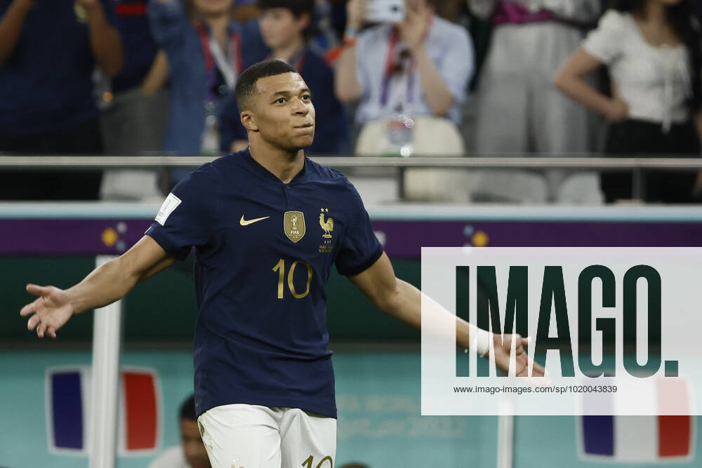 Kylian Mbappe of France celebrates a goal during the FIFA round 16 soccer match between France and Poland at Al Thumama a stadium in Doha, Qatar, 04 December 2022. World Cup 2022: France vs. Poland !ACHTUNG: NUR REDAKTIONELLE NUTZUNG!