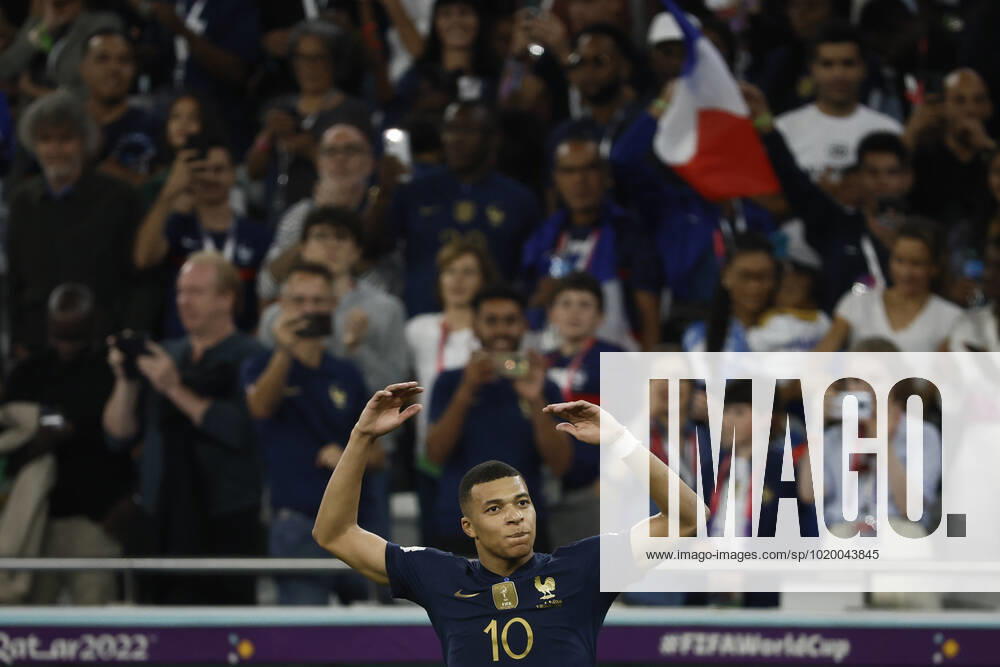 Kylian Mbappe of France celebrates a goal during the FIFA round 16 soccer match between France and Poland at Al Thumama a stadium in Doha, Qatar, 04 December 2022. World Cup 2022: France vs. Poland !ACHTUNG: NUR REDAKTIONELLE NUTZUNG!